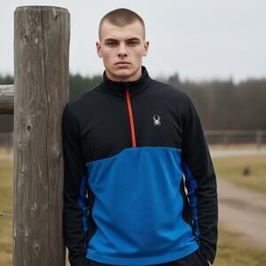 Spyder Men's Half Zip 100% Merino Lightweight Base Layer Blue and Black- Size XL